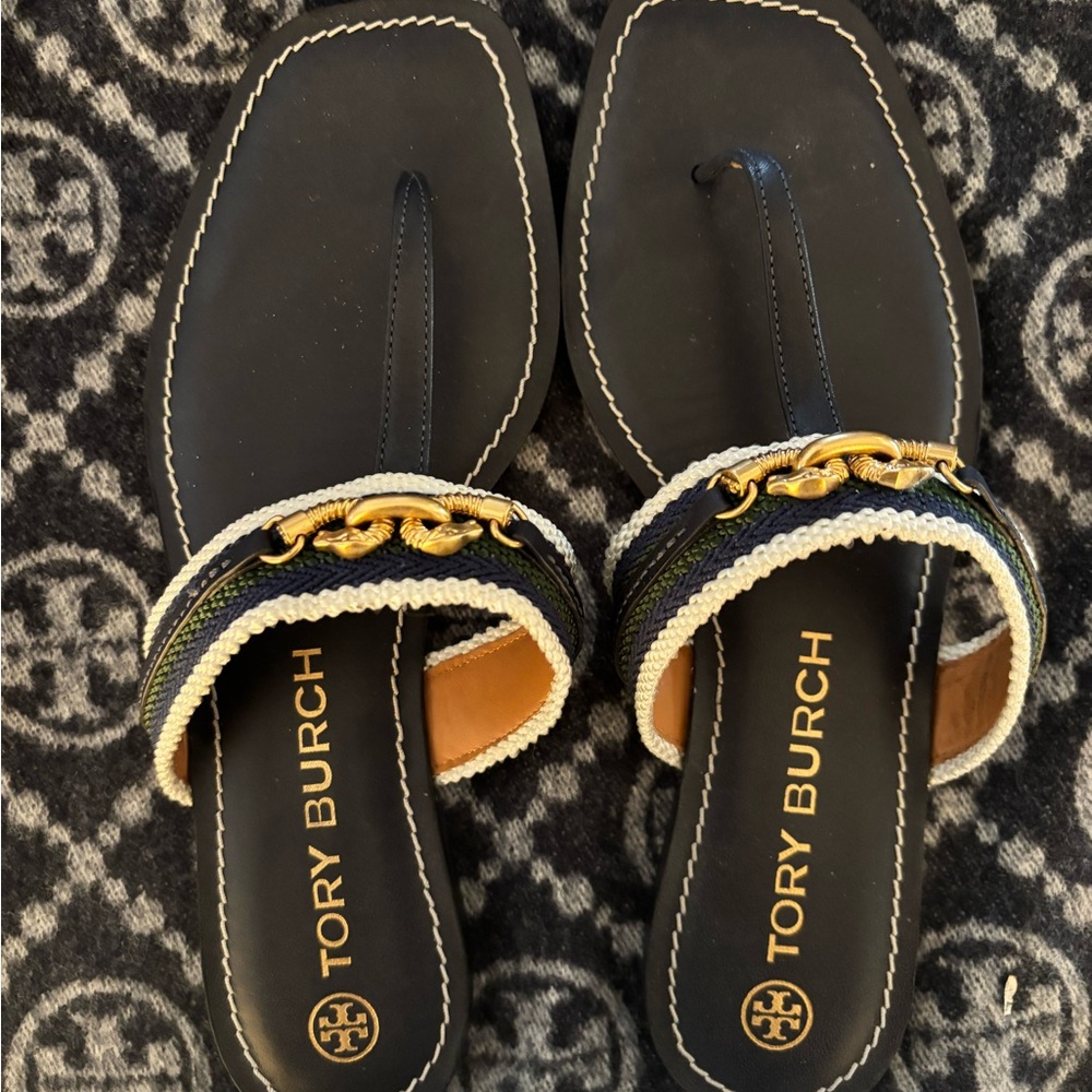 Tory Burch Navy Blue, Green and White with Gold Chain Jessa Thong  Sandals